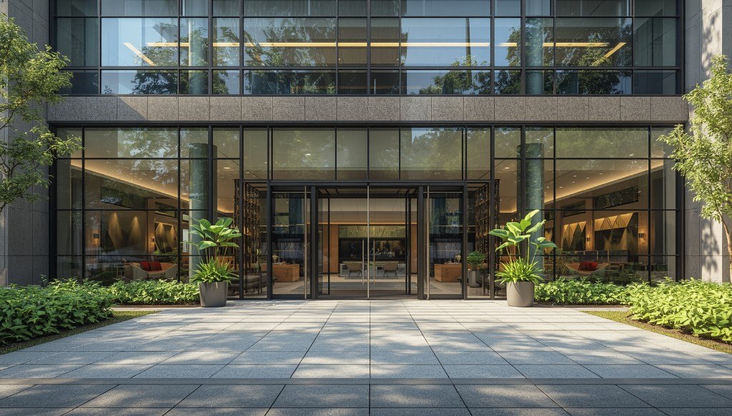 Representatieve entree van een modern kantoorgebouw met glazen lobby