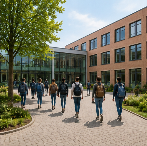 Entree van een moderne onderwijscampus